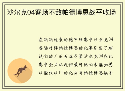 沙尔克04客场不敌帕德博恩战平收场