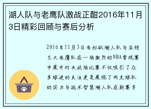 湖人队与老鹰队激战正酣2016年11月3日精彩回顾与赛后分析